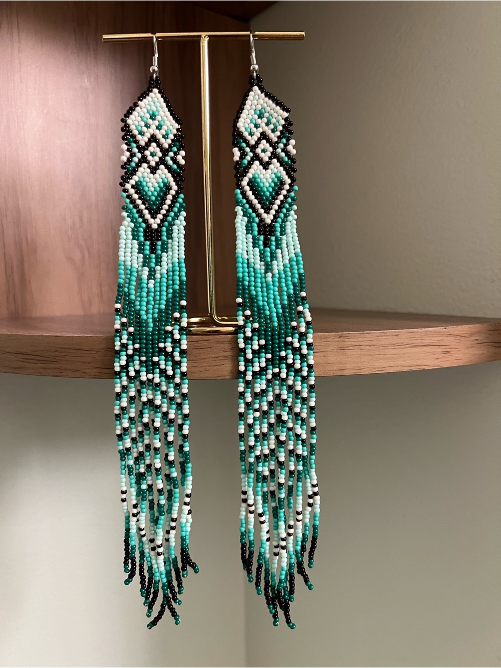 Long Emerald Green and Black Beaded Fringe Earrings